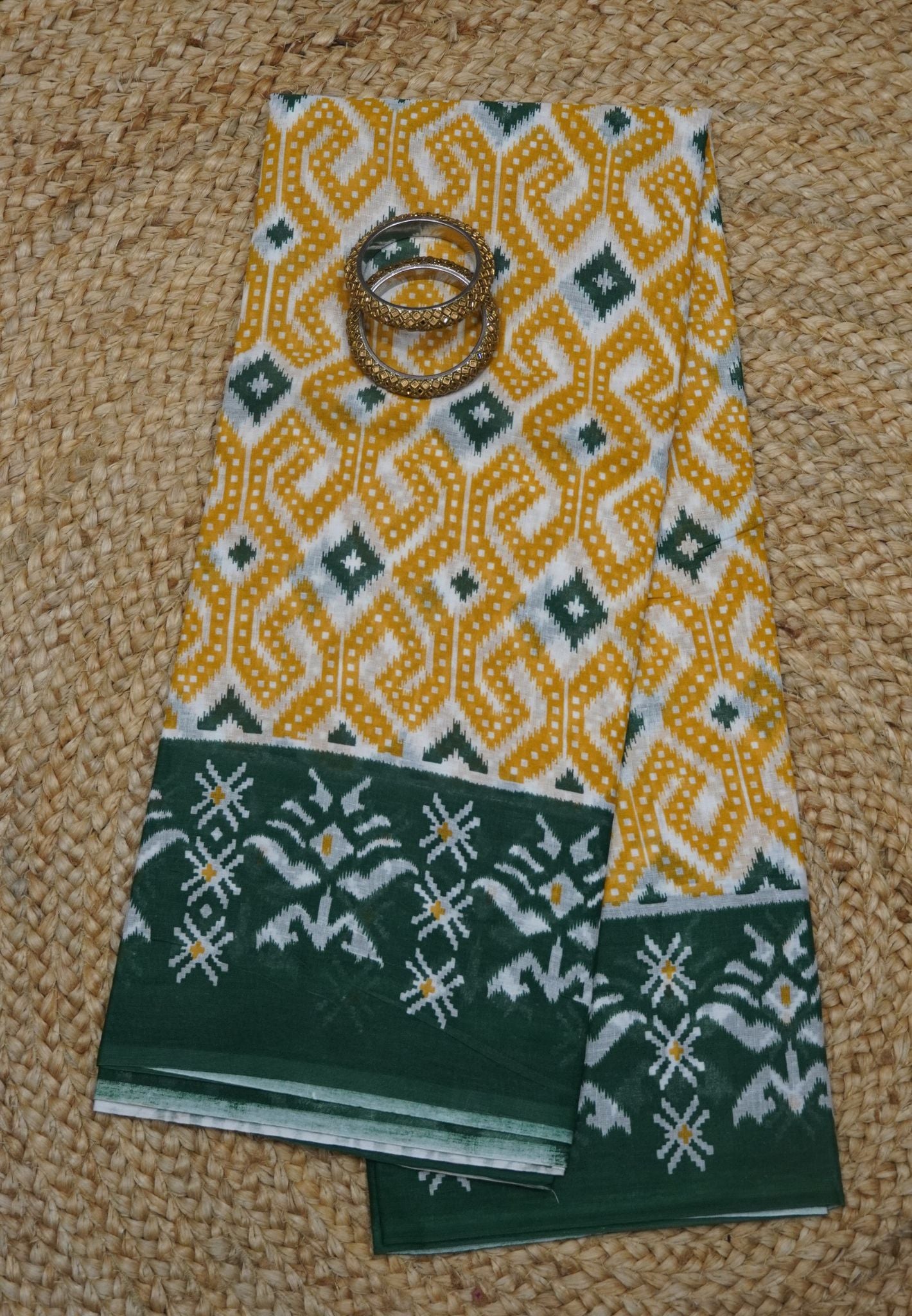 Mul Mul Saree - Yellow With Ikkat