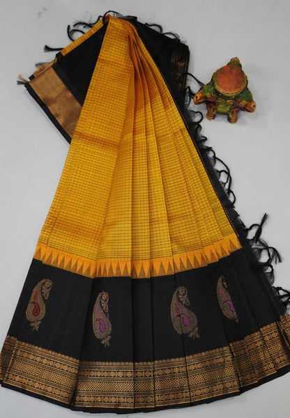 Pure Silk Cotton Saree –Yellow With Regal Mango Motif Border