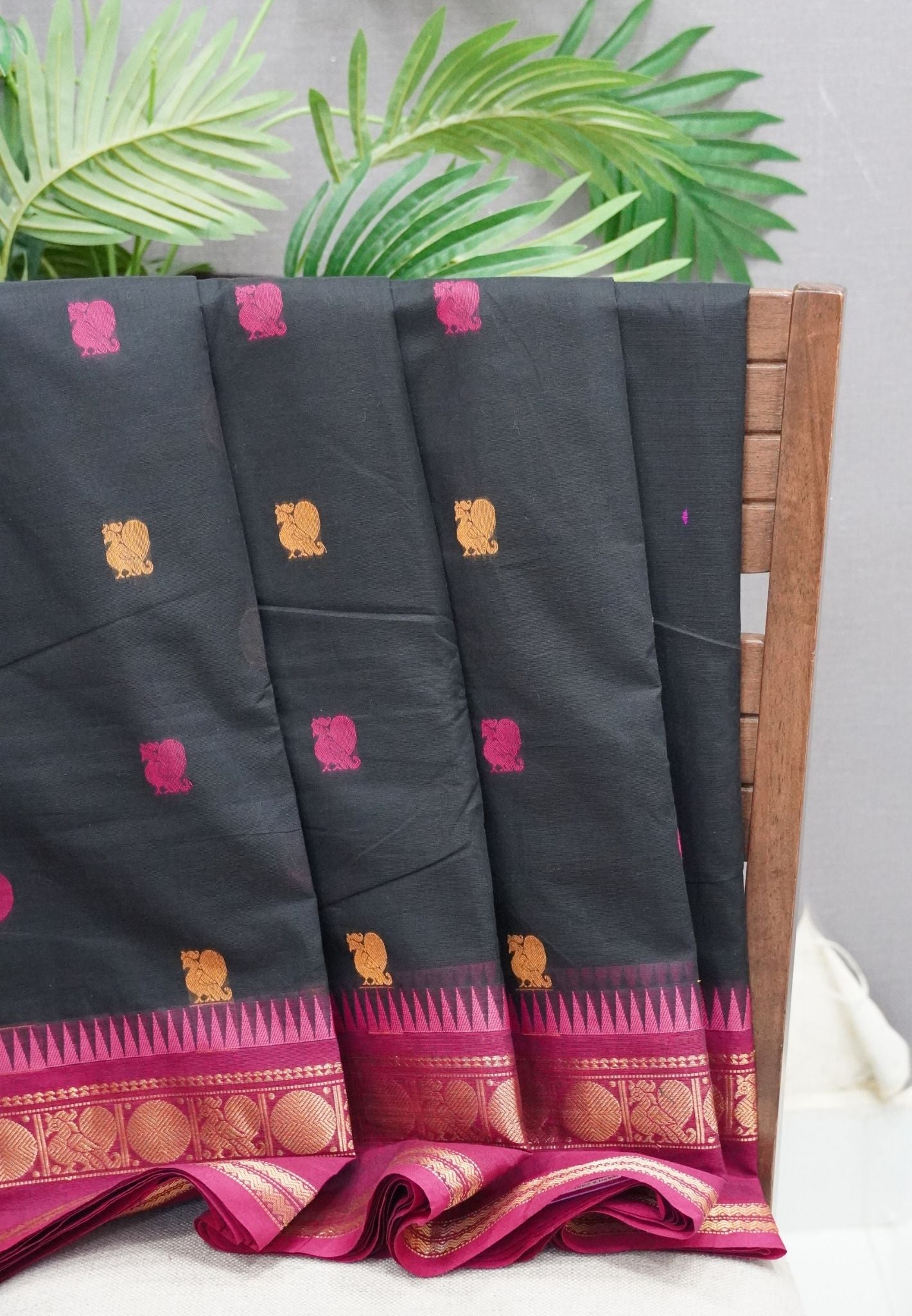 Chettinad Cotton Saree–Black-Pink with Heritage Zari Border