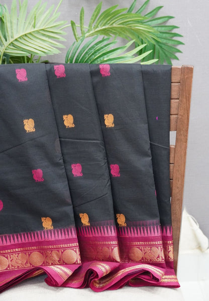 Chettinad Cotton Saree–Black-Pink with Heritage Zari Border
