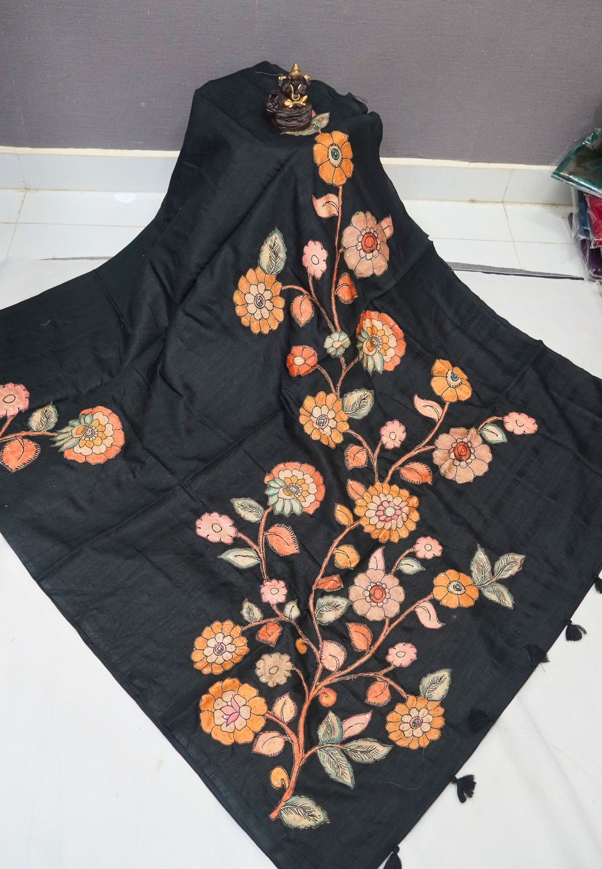 Semi Raw Silk Saree - Black With Floral Hand-Painted Designs