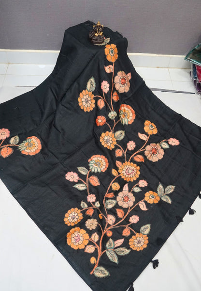 Semi Raw Silk Saree - Black With Floral Hand-Painted Designs