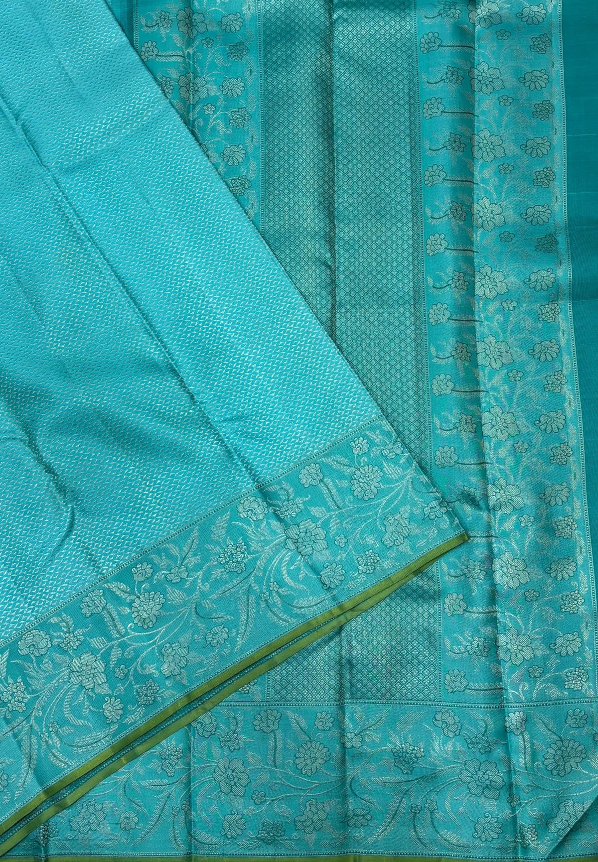 Pure Kanchipuram Silk Saree-Sky Blue in Floral Vine Brocade Border