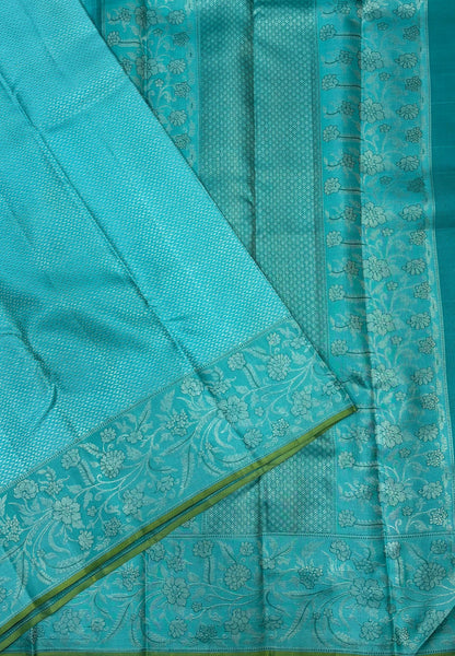 Pure Kanchipuram Silk Saree-Sky Blue in Floral Vine Brocade Border