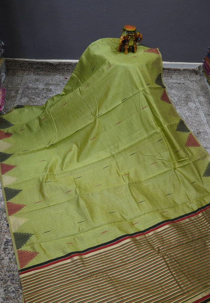 Semi Tussar Saree – Contemporary Temple Border Design – Green