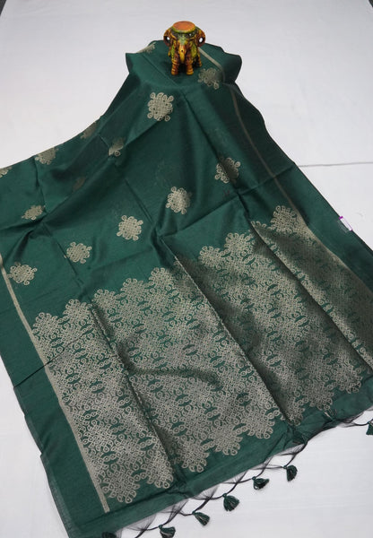 Semi Raw Silk Saree - Green in Kolam Pattern