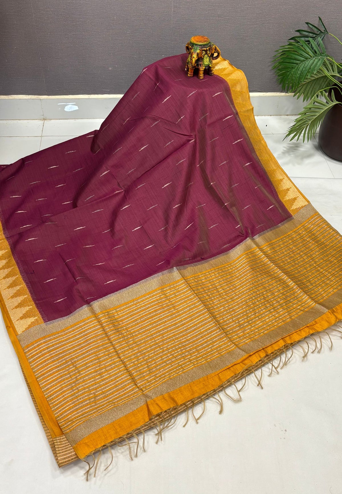 Semi Tussar Saree-Wine in Tower Pattern Border