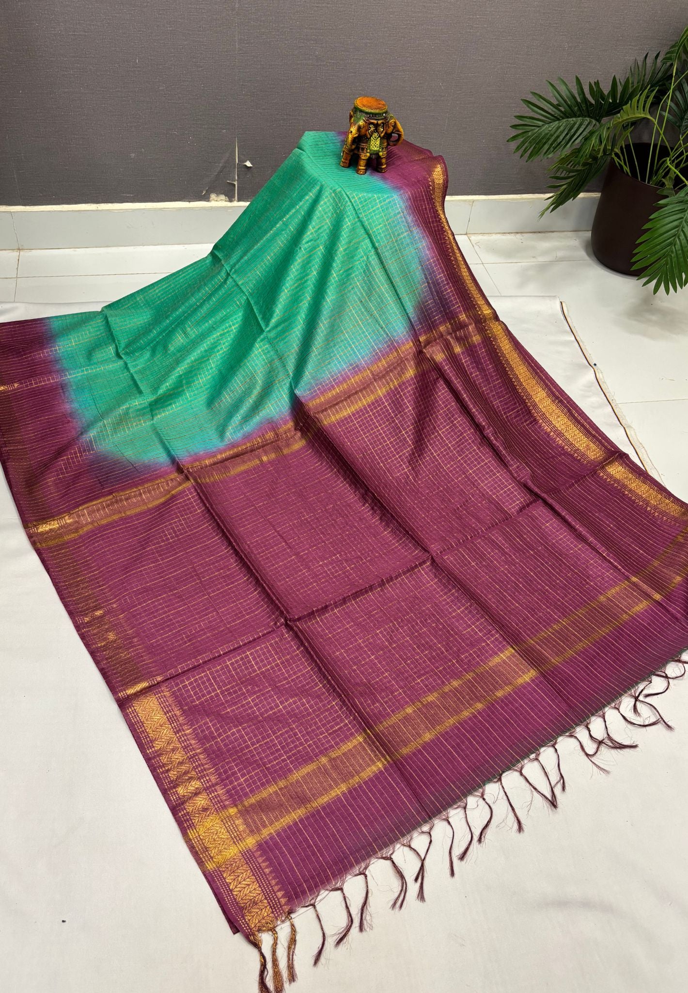 Semi Bhagalpur Tussar Saree-Teal Green in Zari checks with Contrast Border