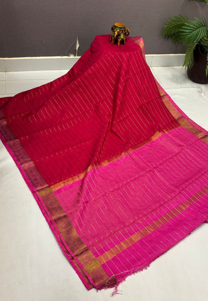 Semi Raw Silk Saree-Rani Pink in Zari Lines with Contrast Annam Border