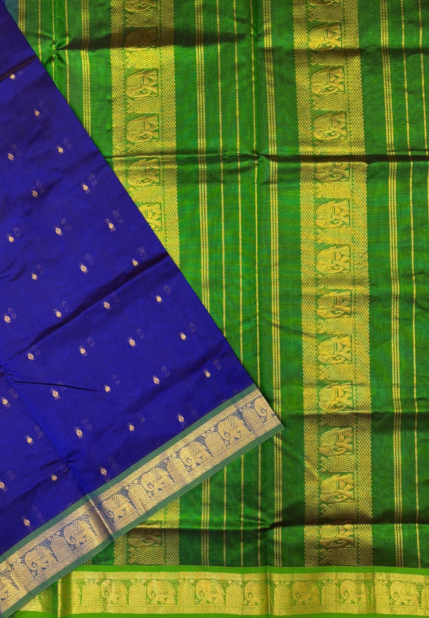 Silk Cotton Saree–MS Blue-Green in Mini Buttas with Contrast Border