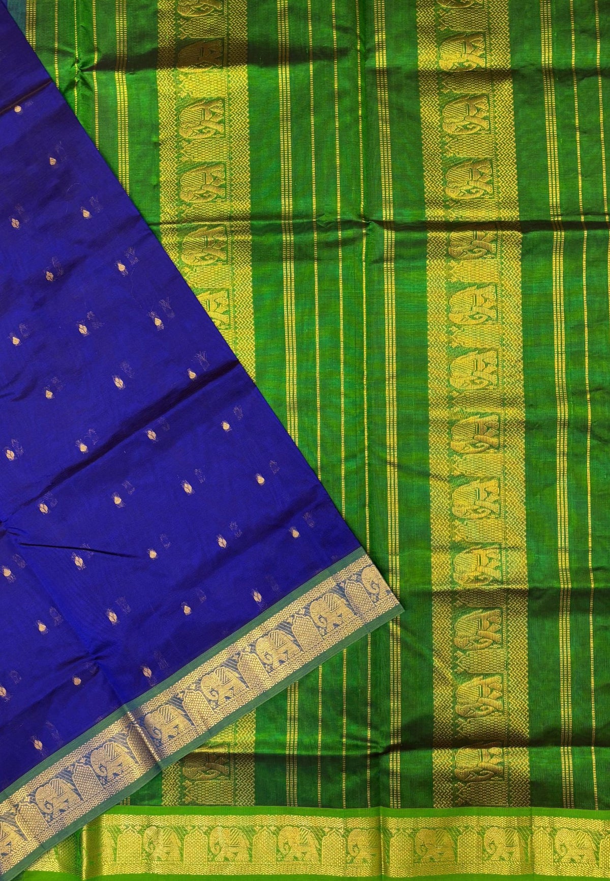 Silk Cotton Saree–MS Blue-Green in Mini Buttas with Contrast Border