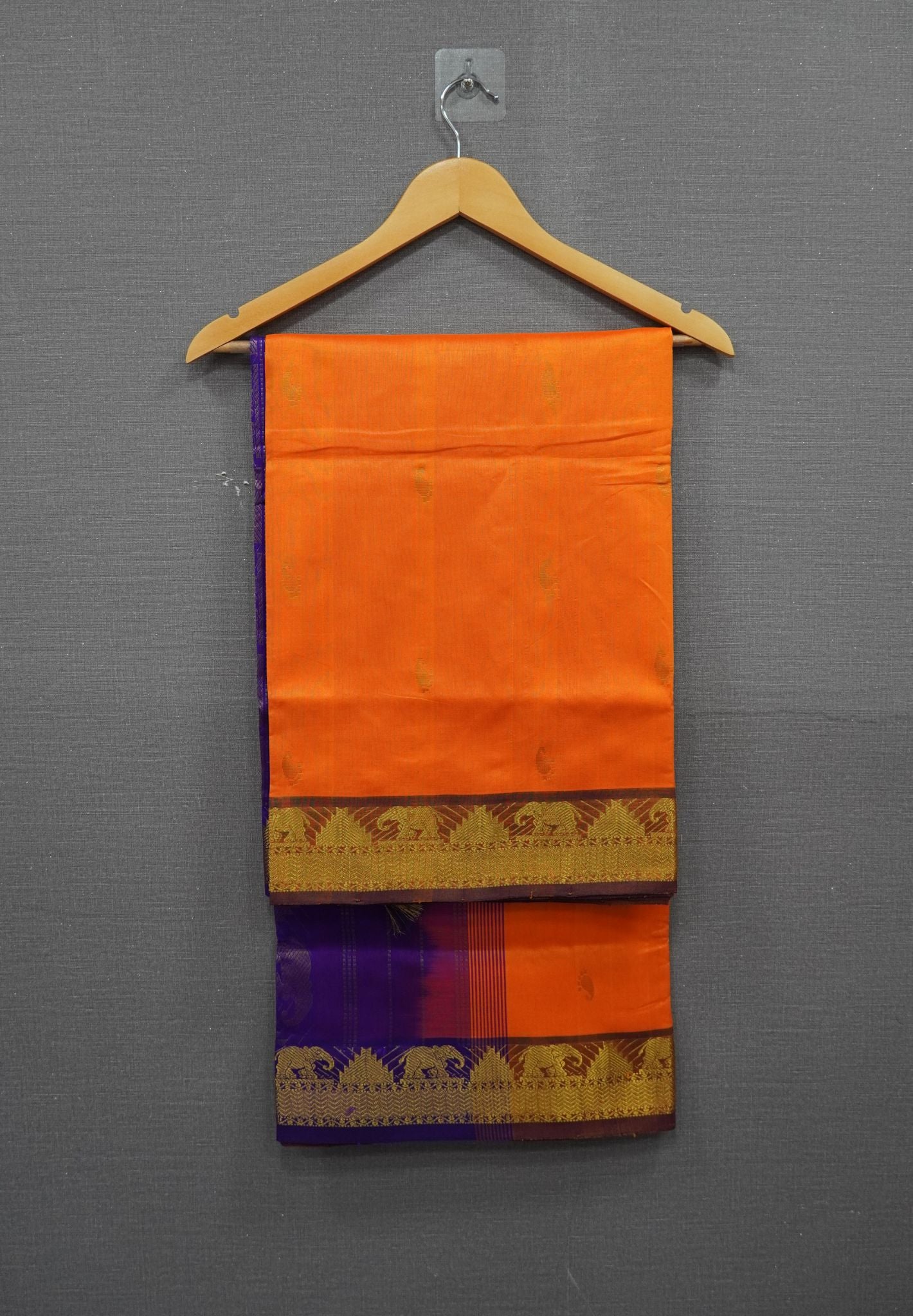 Silk Cotton Saree-Orange with Elephant Zari Border