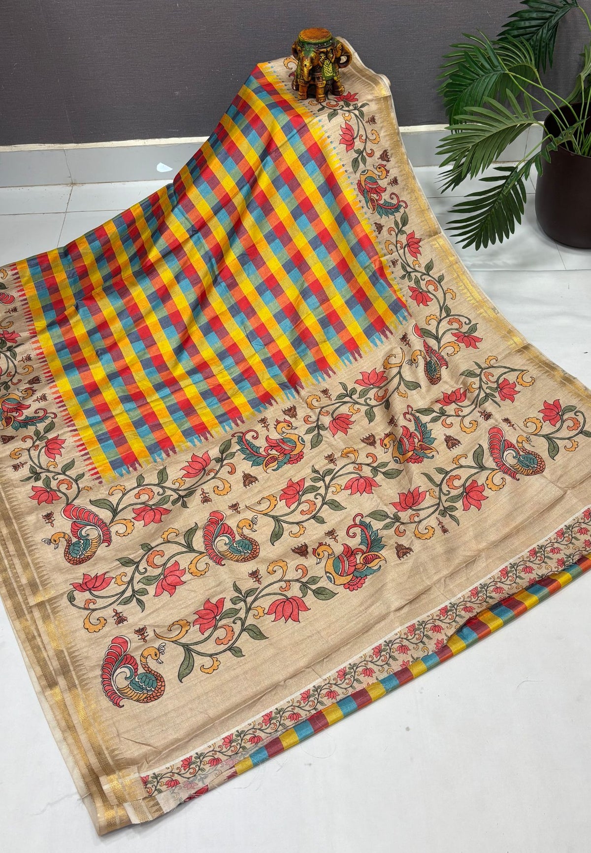 Semi Tussar Saree-Red in Madras Checks with Peacock Floral Border