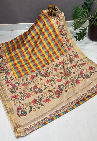 Semi Tussar Saree-Red in Madras Checks with Peacock Floral Border