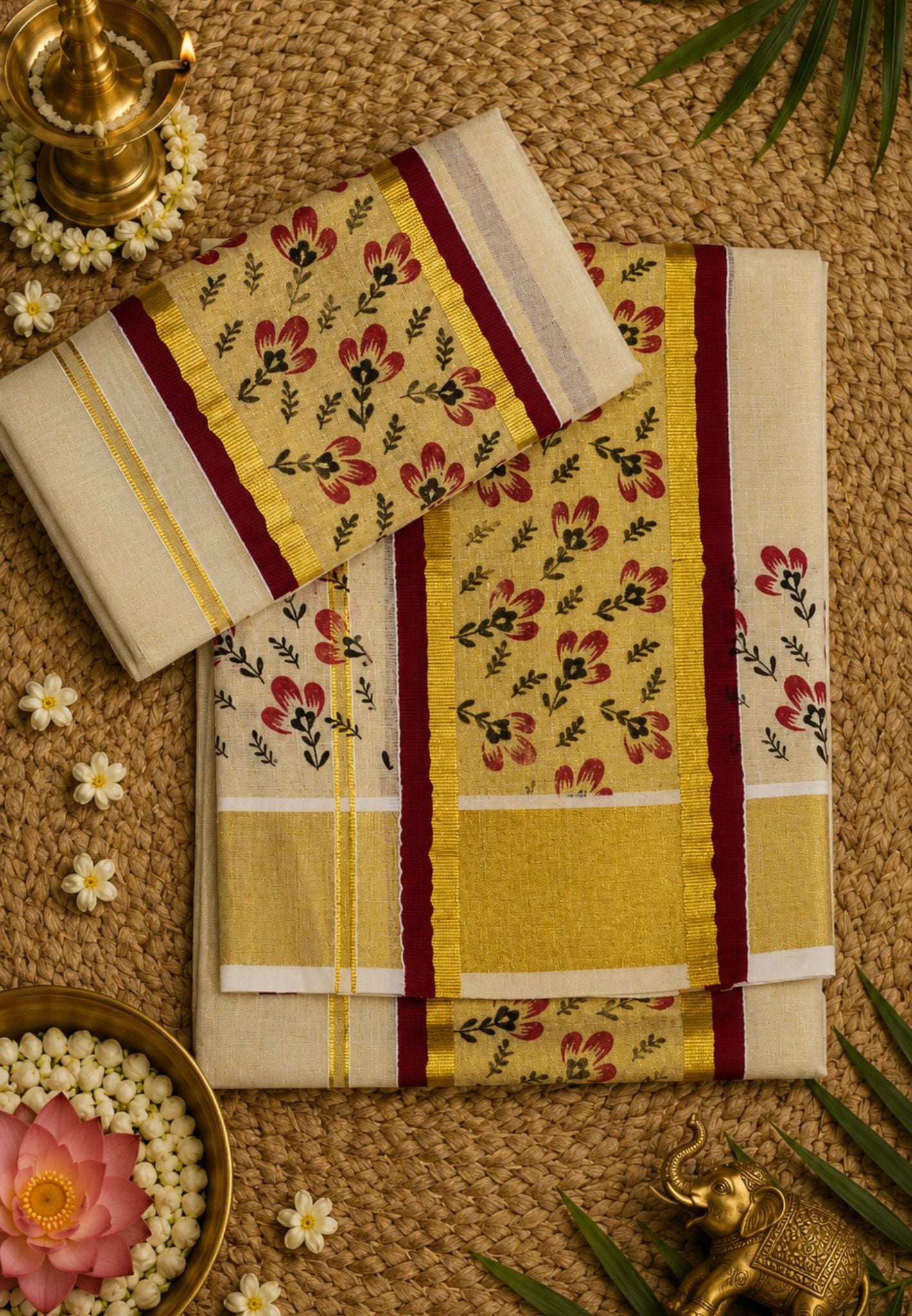 Tissue Set Mundu-Sandal - Maroon with Rich Kasavu Border