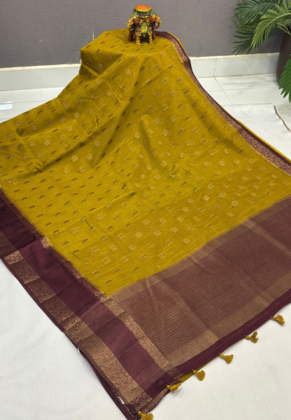 Bamboo Silk Saree-Mustard-Brown Retpet Border