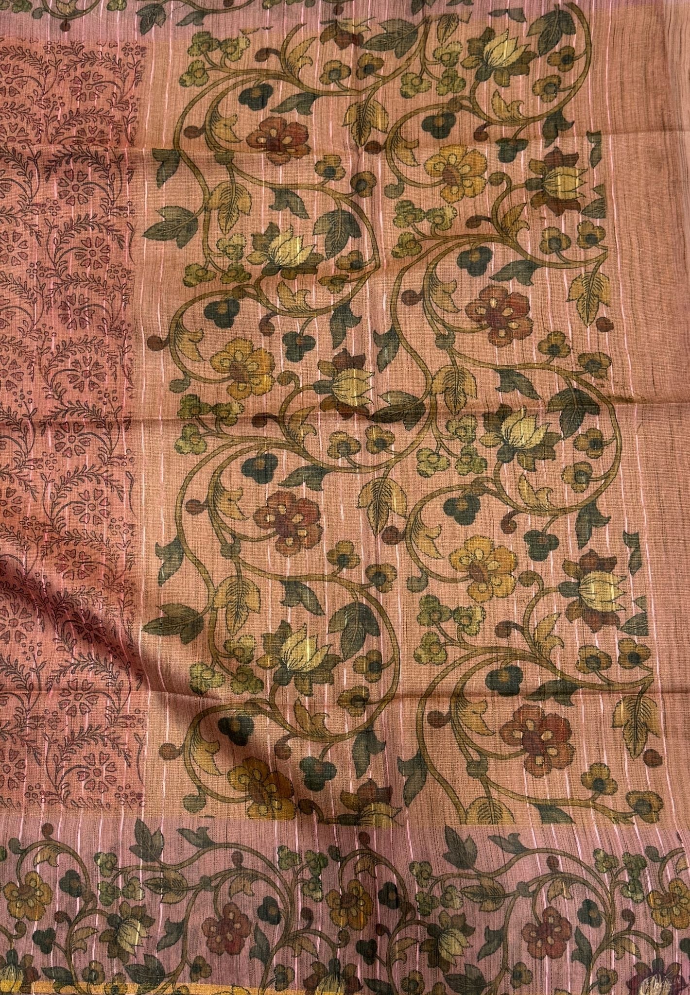 Tissue Saree-Pink In Floral Vine Kalamkari Border