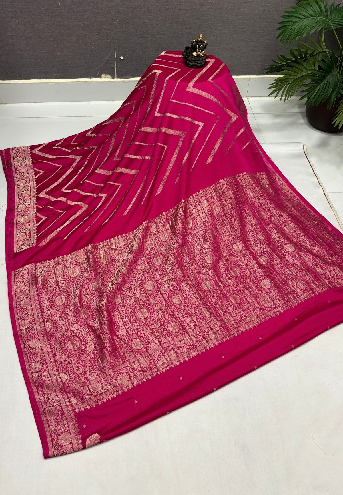 Chinon Silk Saree-Rani Pink with Antique Floral Border