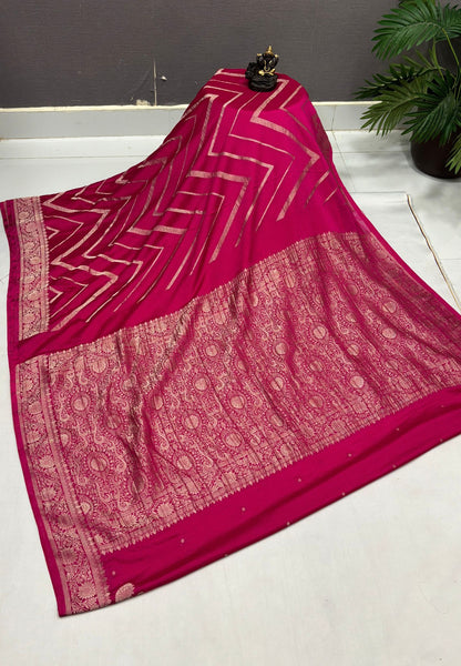 Chinon Silk Saree-Rani Pink with Antique Floral Border