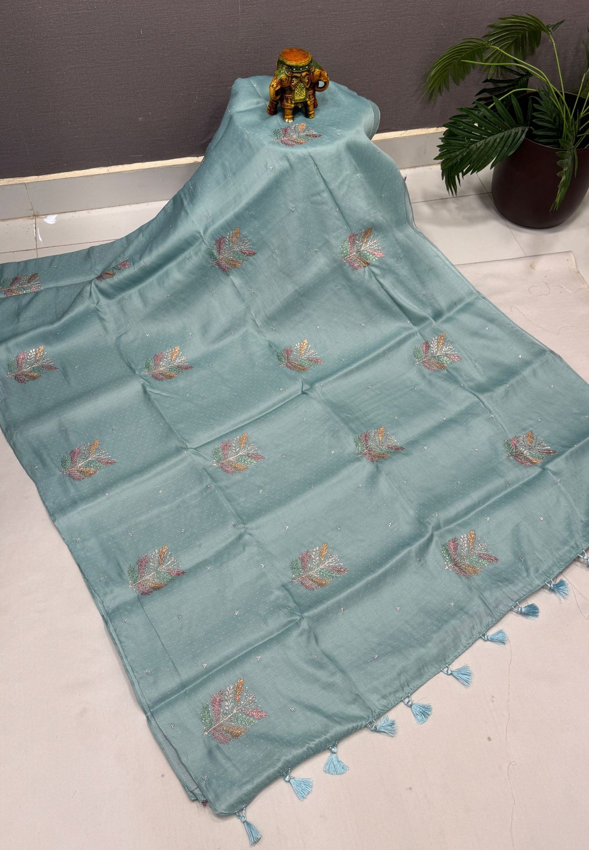 Blueberry Silk Saree-Sea Blue in Leaf Butta Embroidery Border