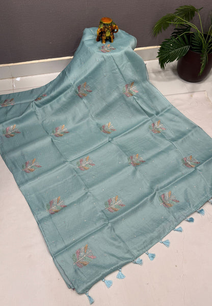 Blueberry Silk Saree-Sea Blue in Leaf Butta Embroidery Border