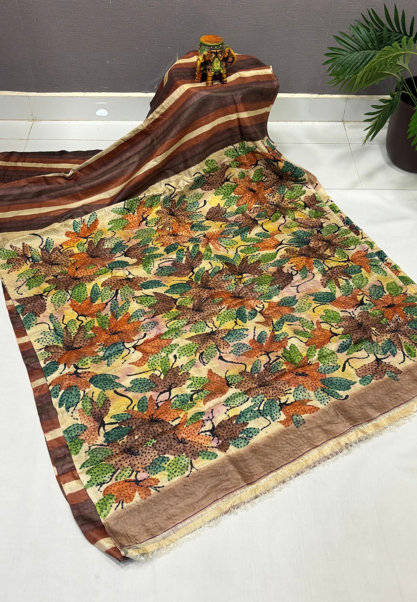 Pure Tussar Saree-Brown In Stripe French Knot Border
