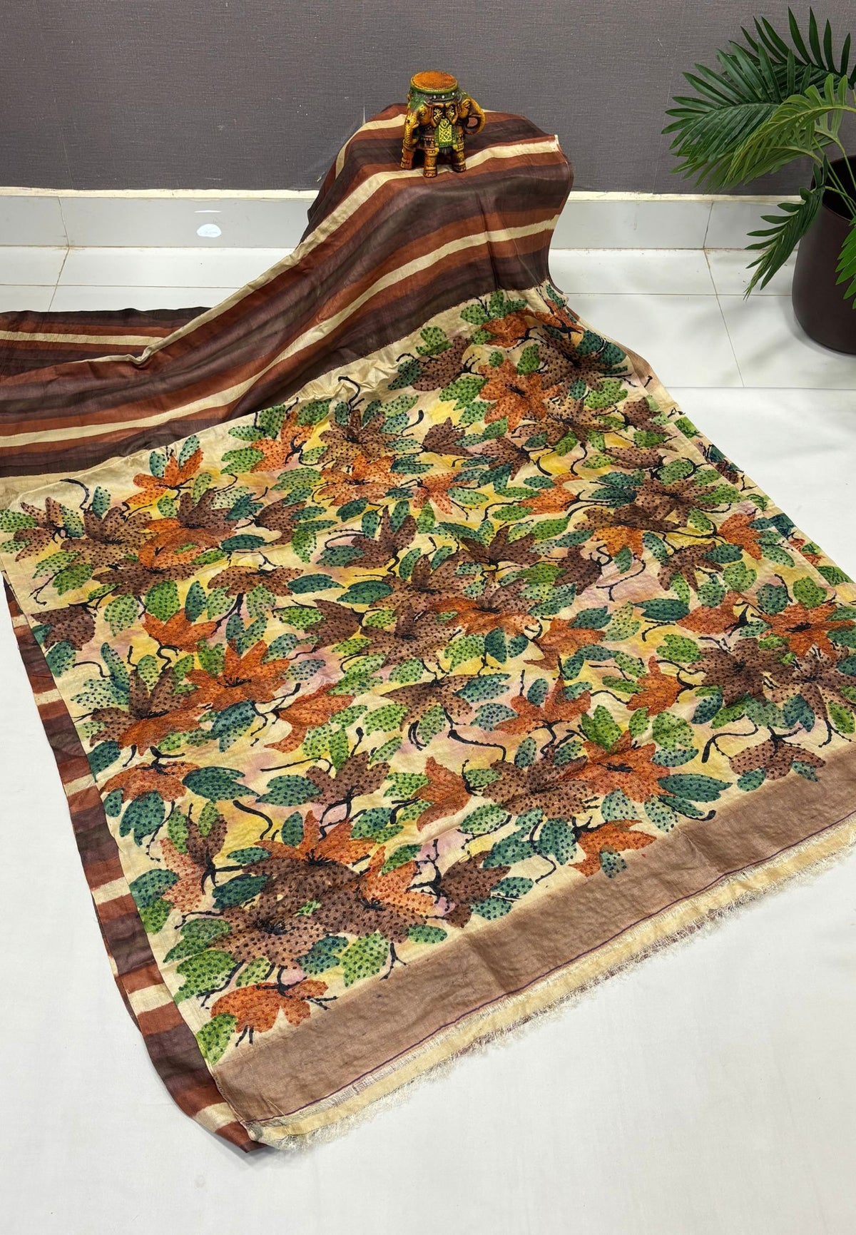 Pure Tussar Saree-Brown In Stripe French Knot Border