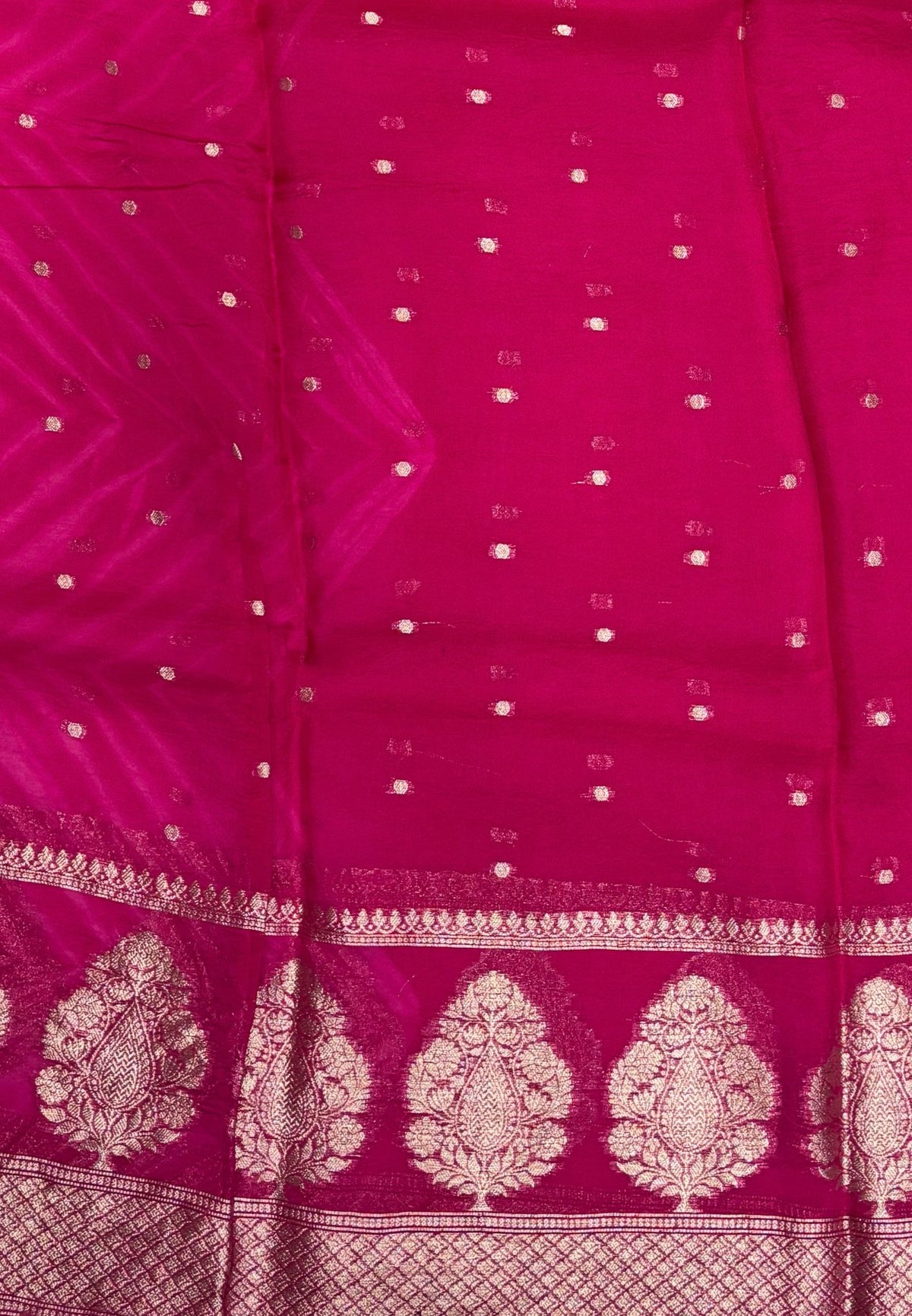 Pure Organza Tussar Saree-Rani Pink In Paisley Leaf Zari Border With Partly Pallu