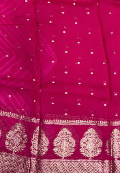 Pure Organza Tussar Saree-Rani Pink In Paisley Leaf Zari Border With Partly Pallu