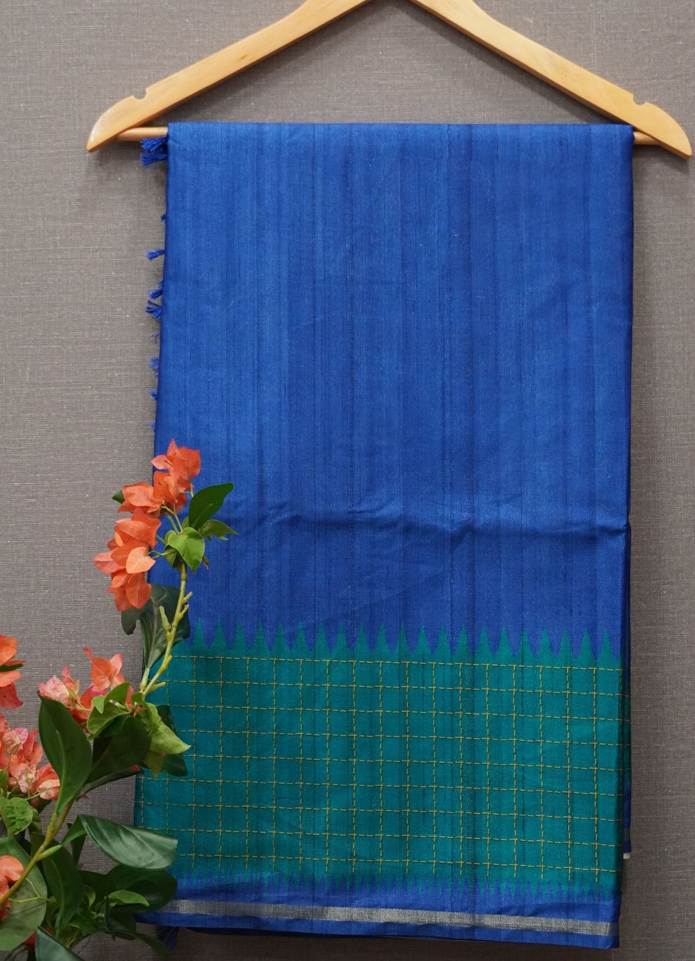 Semi Tussar Saree – Green & Blue Checks Design