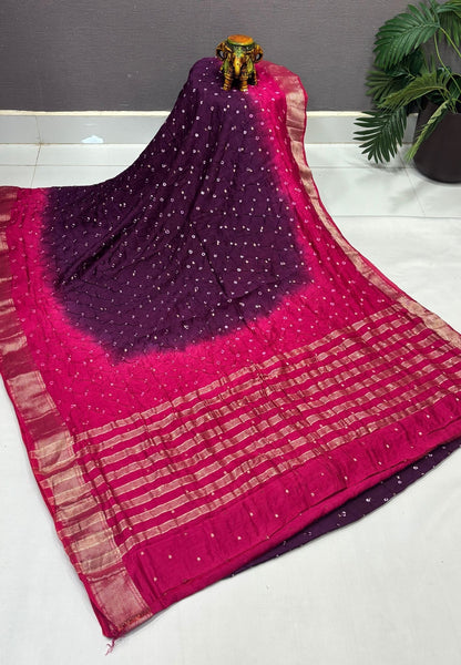Banarasi Bandeji Saree-Wine in Horizontal Stripe Zari with Contrast Border