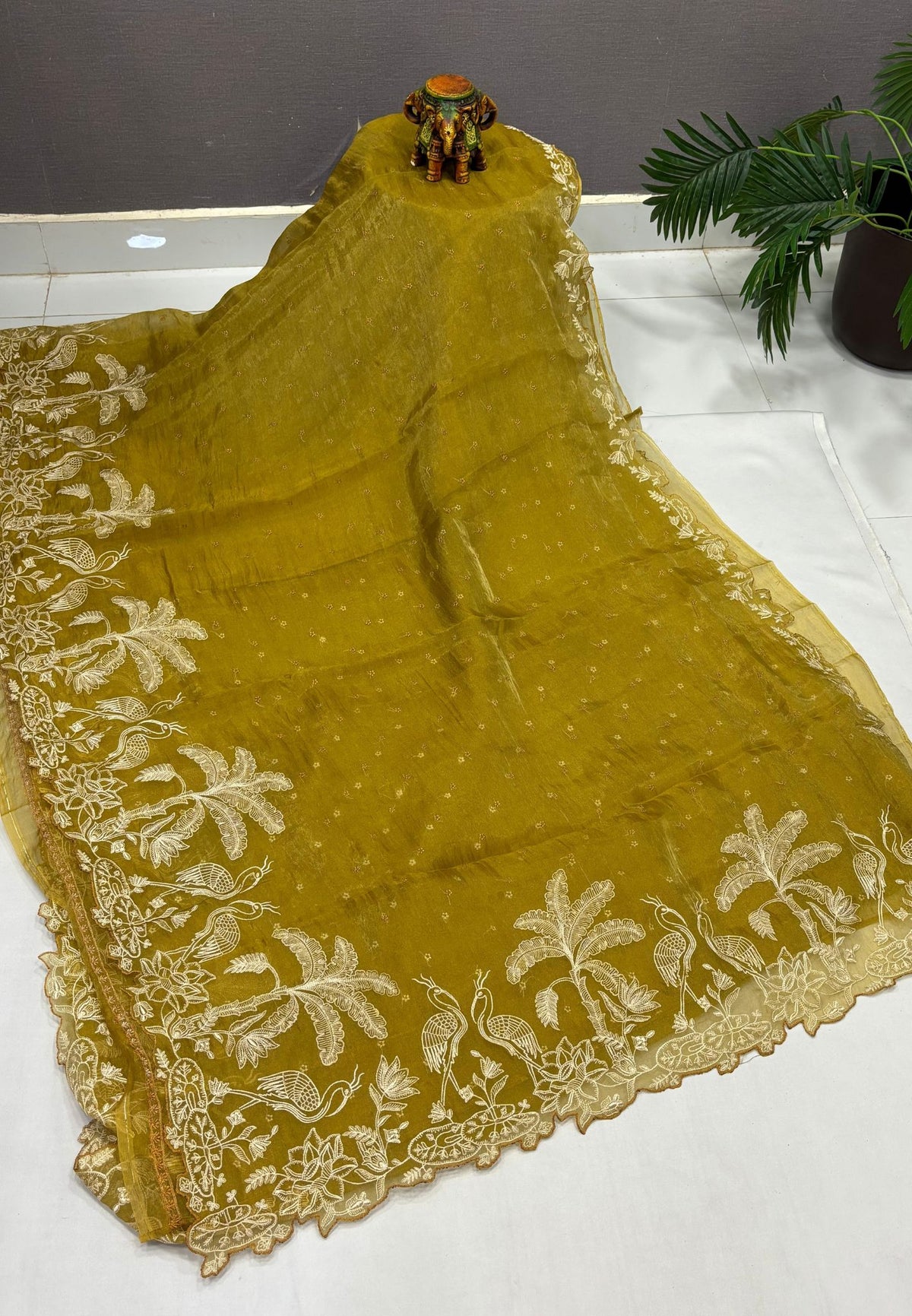 Tissue Organza Saree-Mustard In Tropical Garden Border