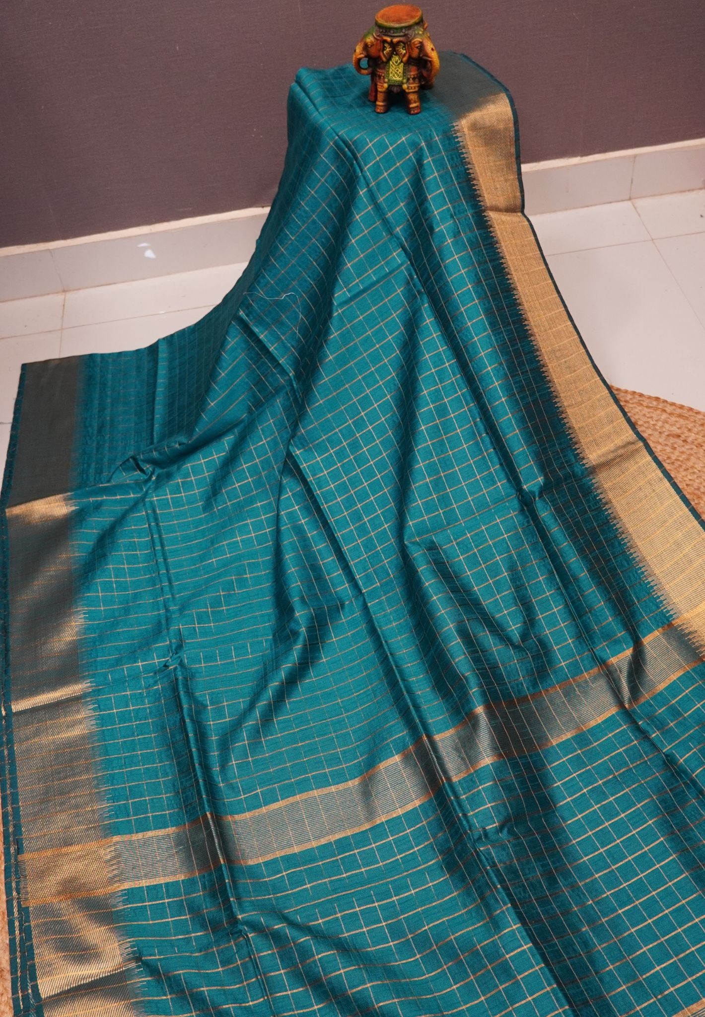 Semi Raw Silk Saree-Ramar Blue in Checked Zari