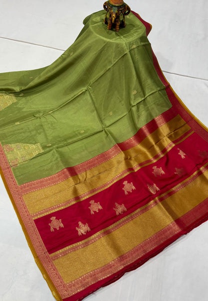 Art Mysore Silk Saree-Light Olive Green with Rajagopuram Zari Border