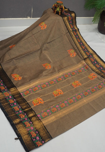 Chettinad Cotton Saree- Beige with Elephant Tanjore Print