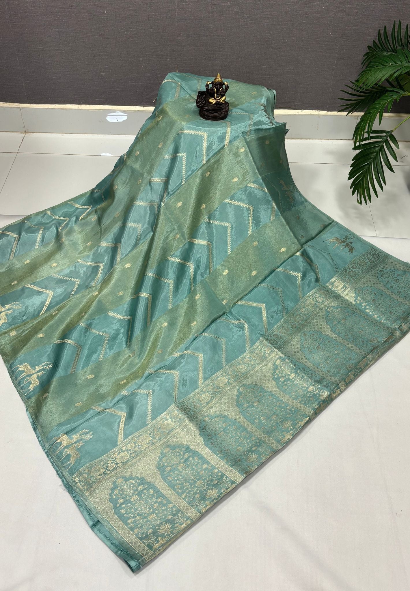 Banarasi Crepe Saree-Sea Blue In Deer Motif Zari Border