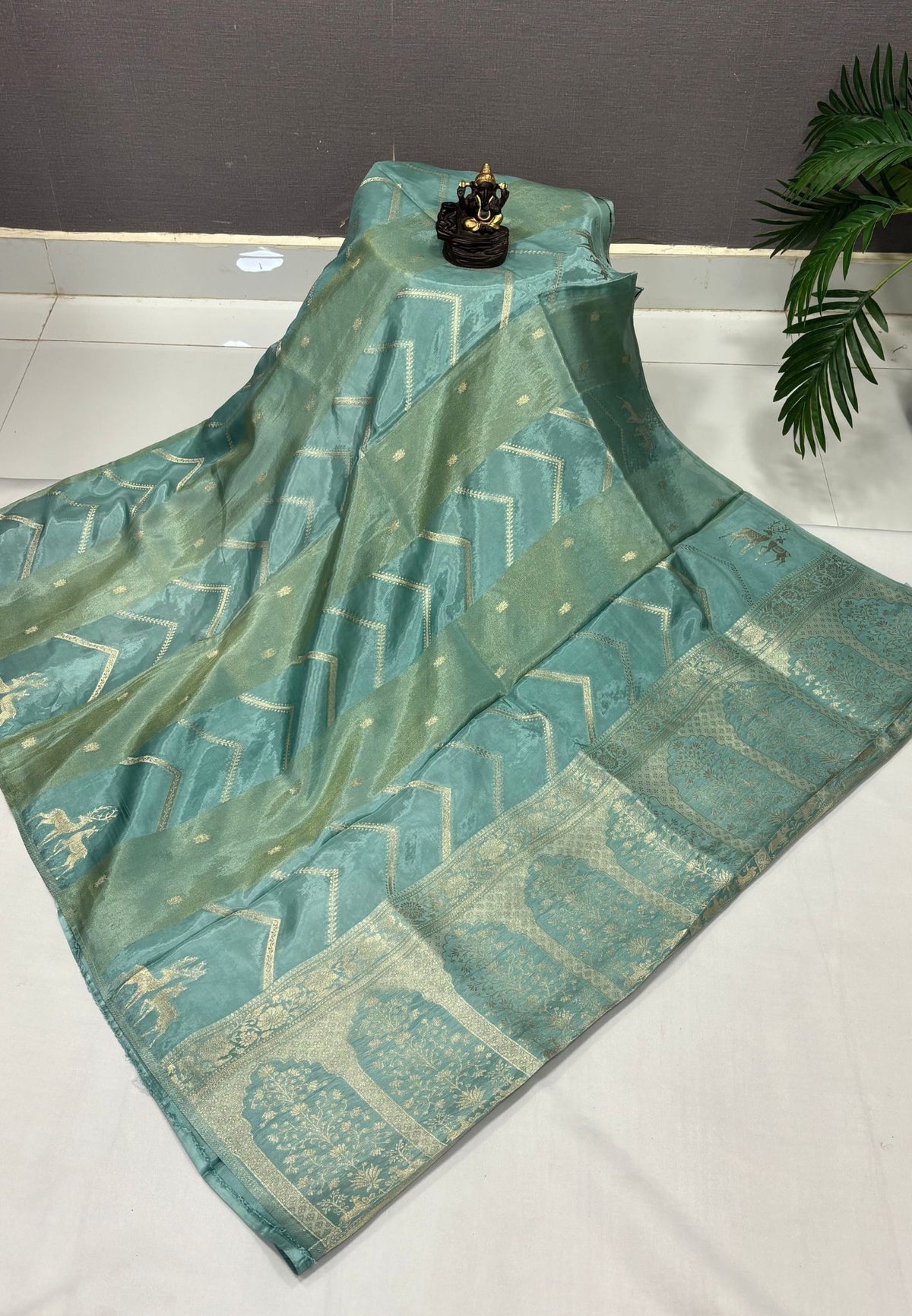 Banarasi Crepe Saree-Sea Blue In Deer Motif Zari Border