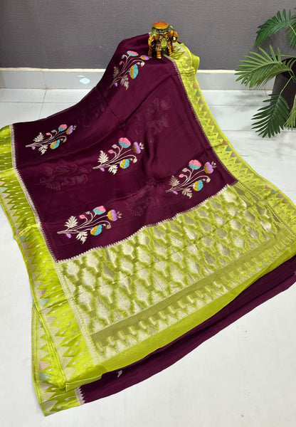 Silk Kota Saree-Wine in Traditional Ikat-Inspired Zari Border