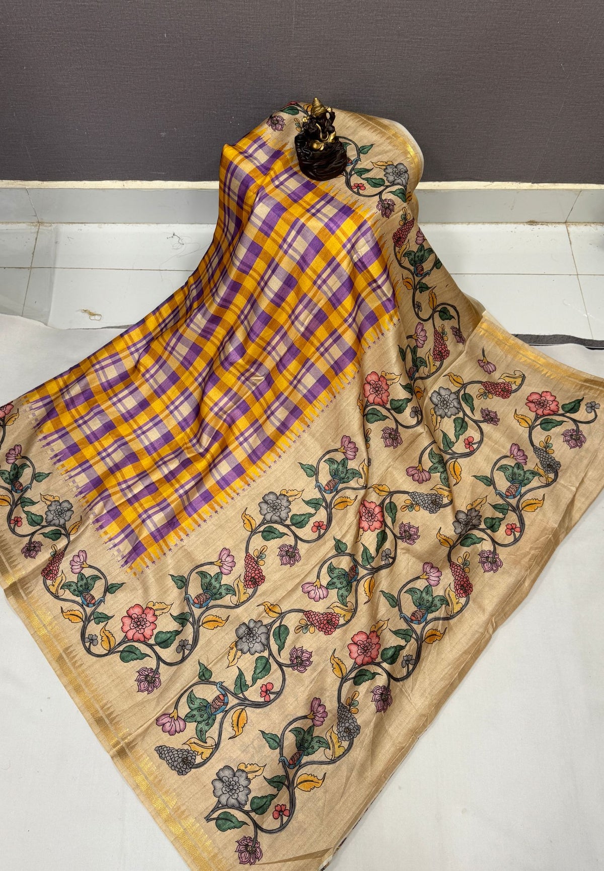 Semi Tussar Saree - Purple Madras Checks With Floral Designs