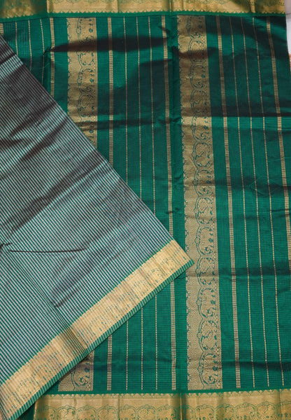 Pure Silk Cotton Saree-Grey Stripes with Zari Woven Border