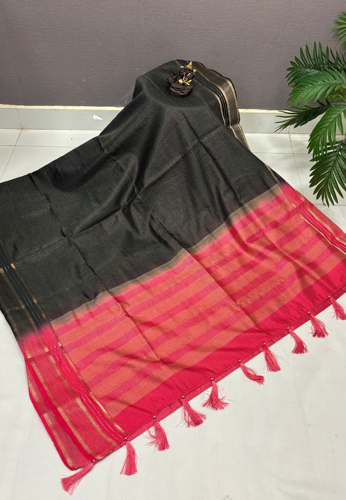 Mulberry Silk Saree-Bottle Green In Striped Zari With Contrast Border