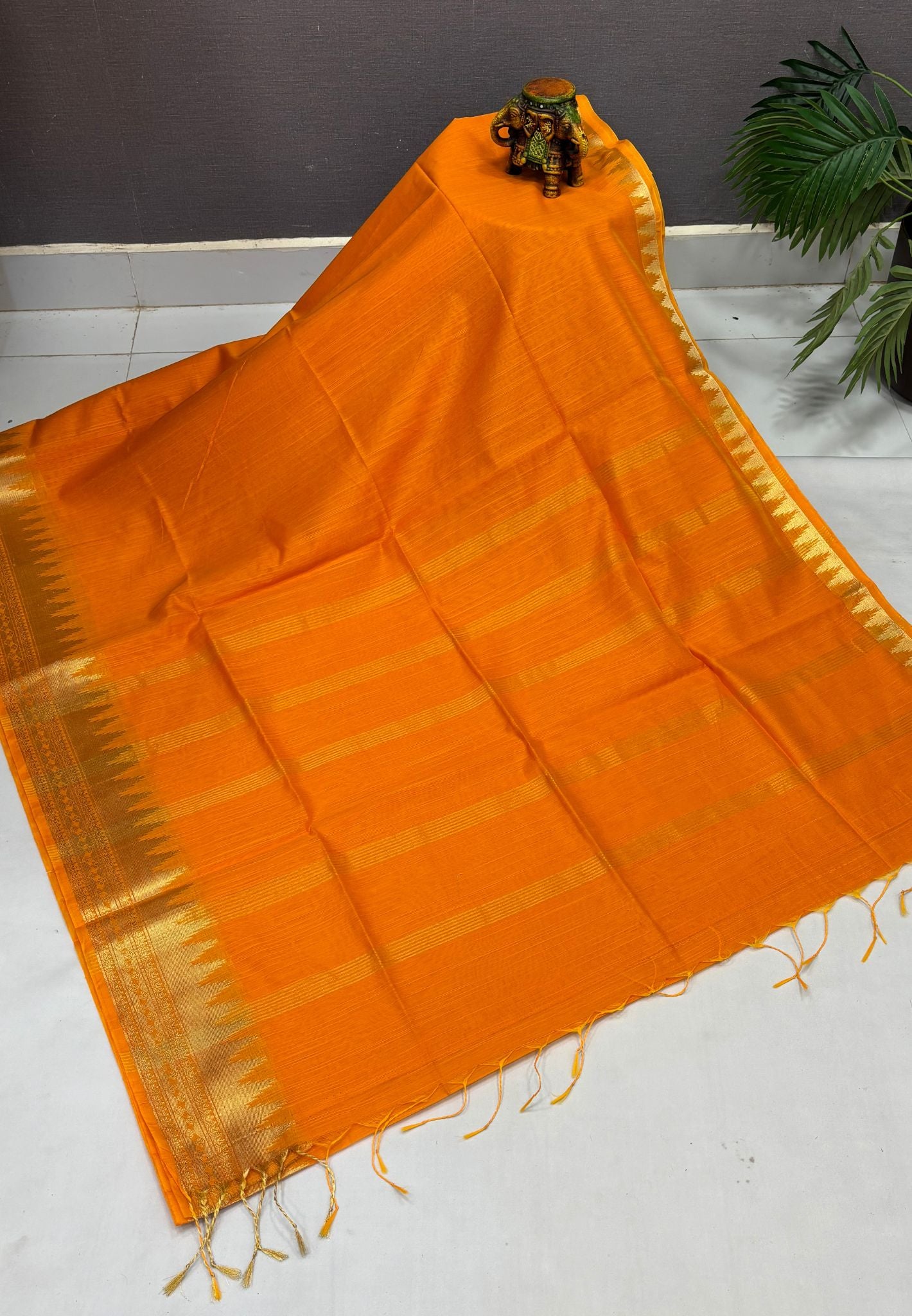 Handloom Silk Cotton Saree-Yellow in Temple Tower Zari Border