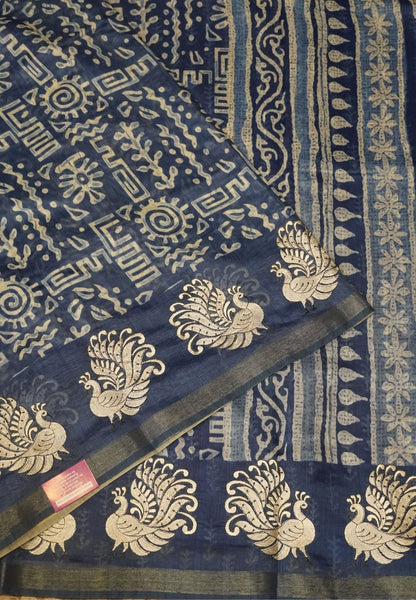 Semi Chanderi Saree-Blue with Peacock Embroidery