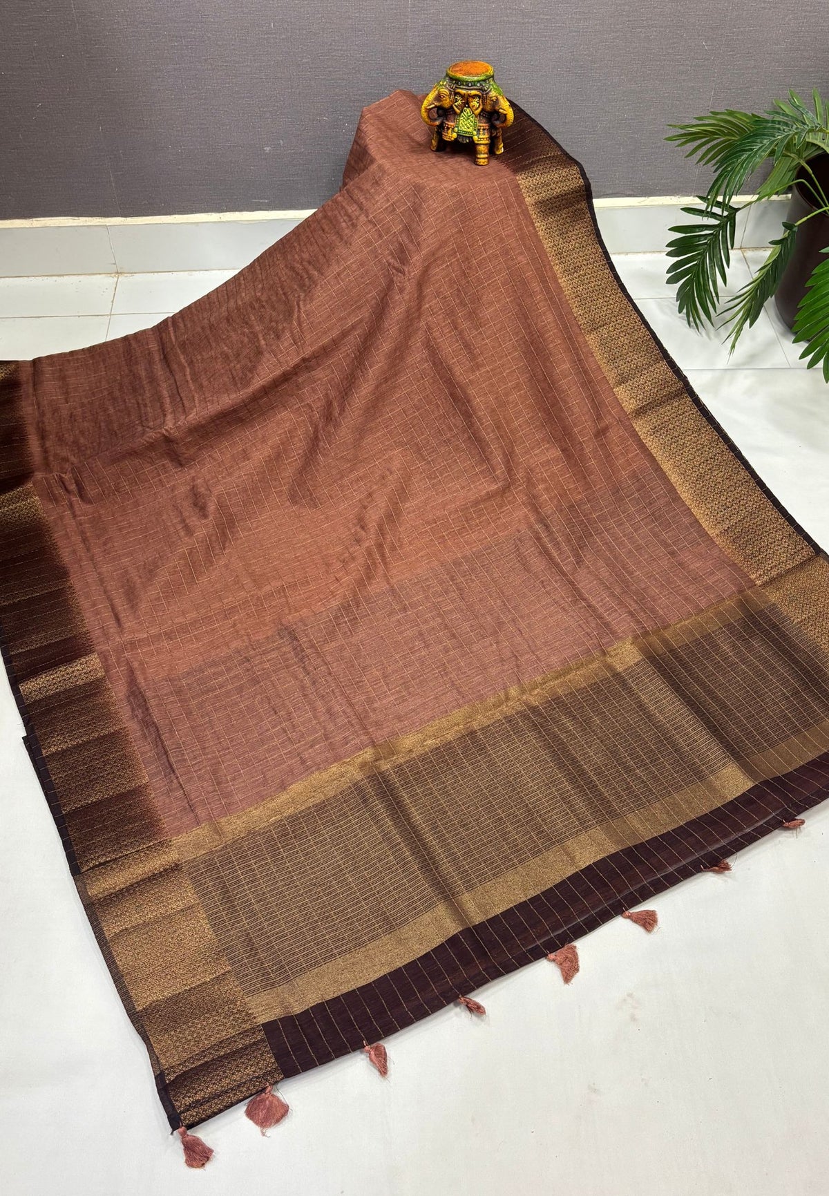 Bamboo Saree-Light Brown in Mini Checked Zari Border