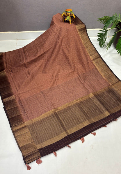 Bamboo Saree-Light Brown in Mini Checked Zari Border