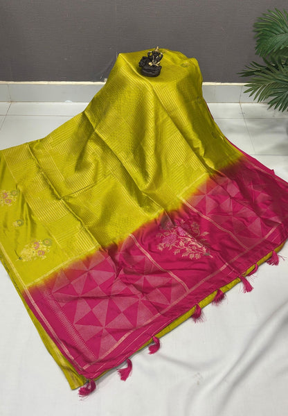 Mulberry Silk Saree-Lime Yellow In Diamond Geometric Zari With Contarst Border