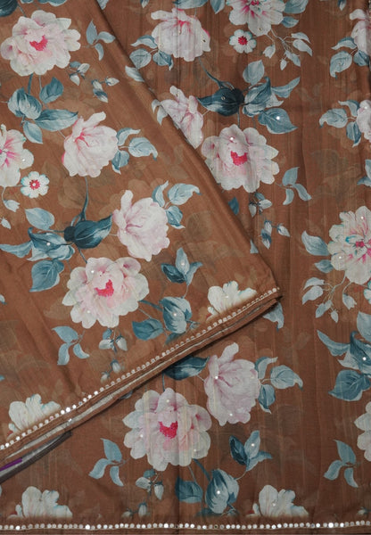 Matka Tussar Saree-Brown with Floral Pattern and Mirror Work