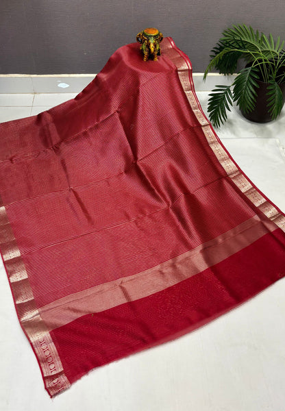 Chanderi Saree-Red in Fine Stripe Zari Border