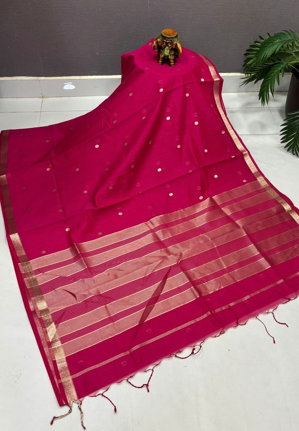 Semi Maheswari Saree-Rani Pink In Multi-Stripe Zari Border
