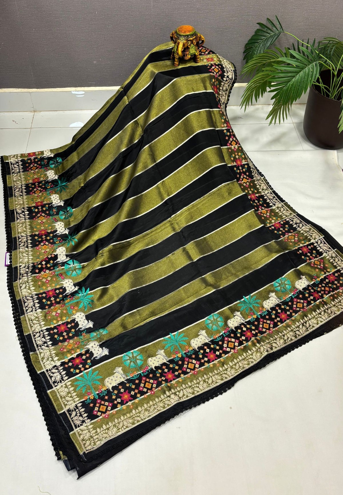 Satin Crepe Saree-Black In Komatha Floral Border